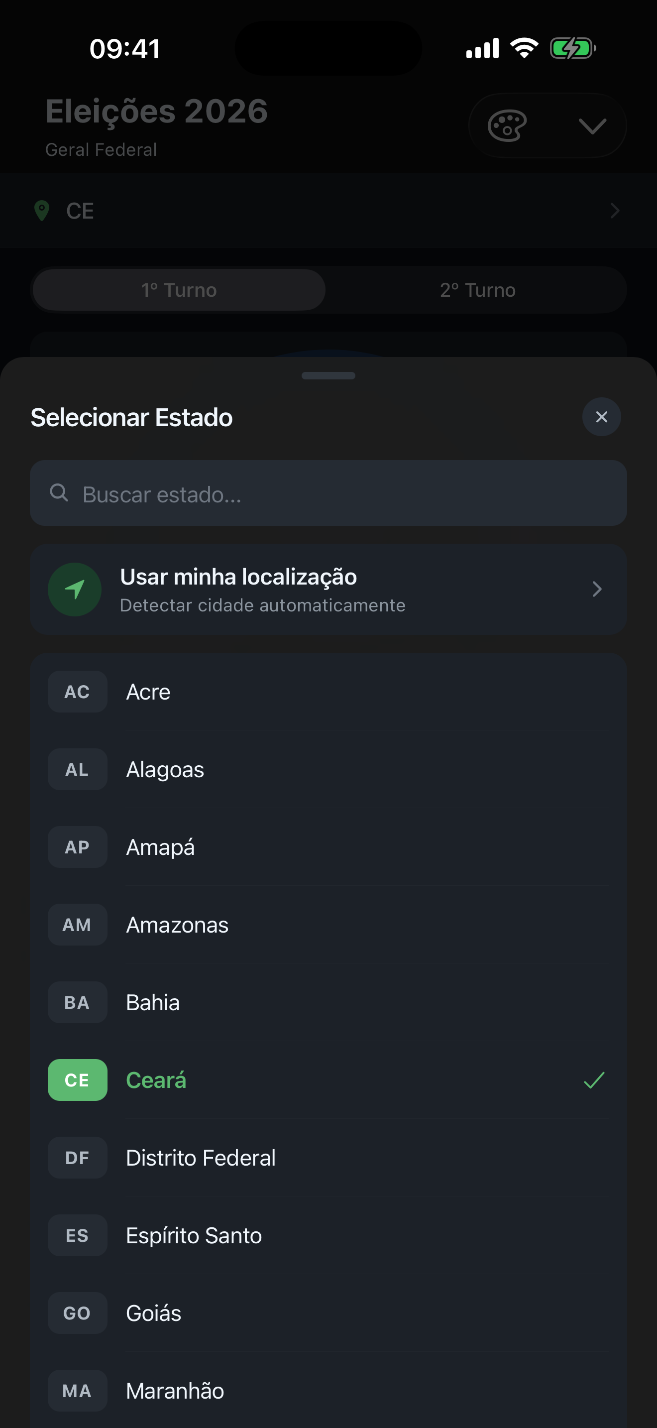 Tela de seleção de estado do aplicativo Resultado Eleições.